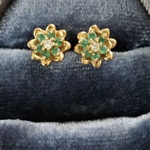 10k Emerald, Diamond Yellow Gold Stud Earrings (Vintage)